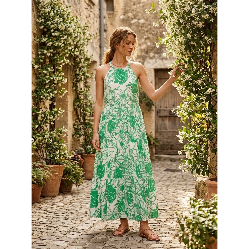 Lilly Pulitzer Green White Floral Halter Tiered Maxi Dress Size L Sleeveless